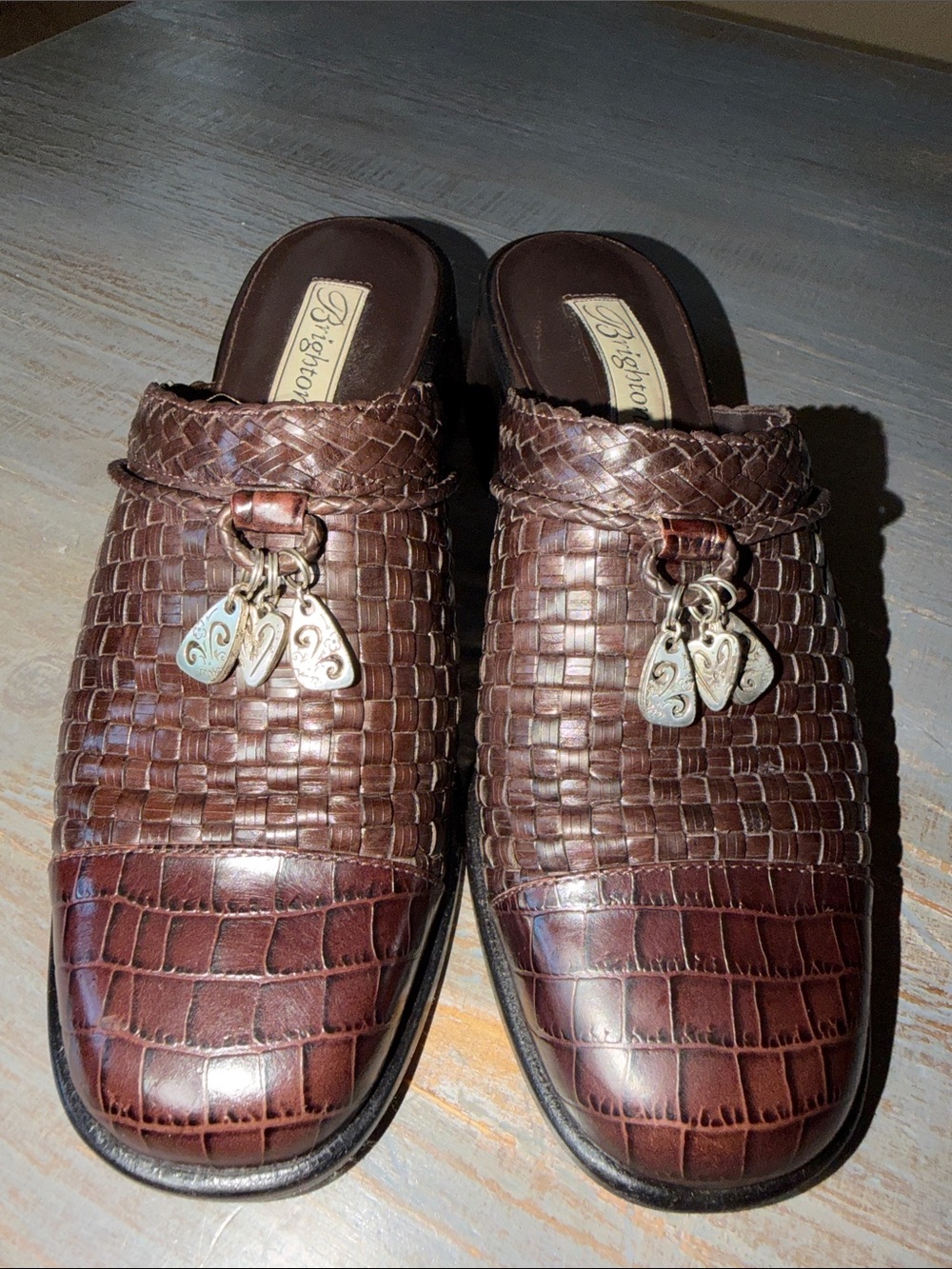 Brighton Brown Woven Leather Slip-On Loafers with Metal Charms